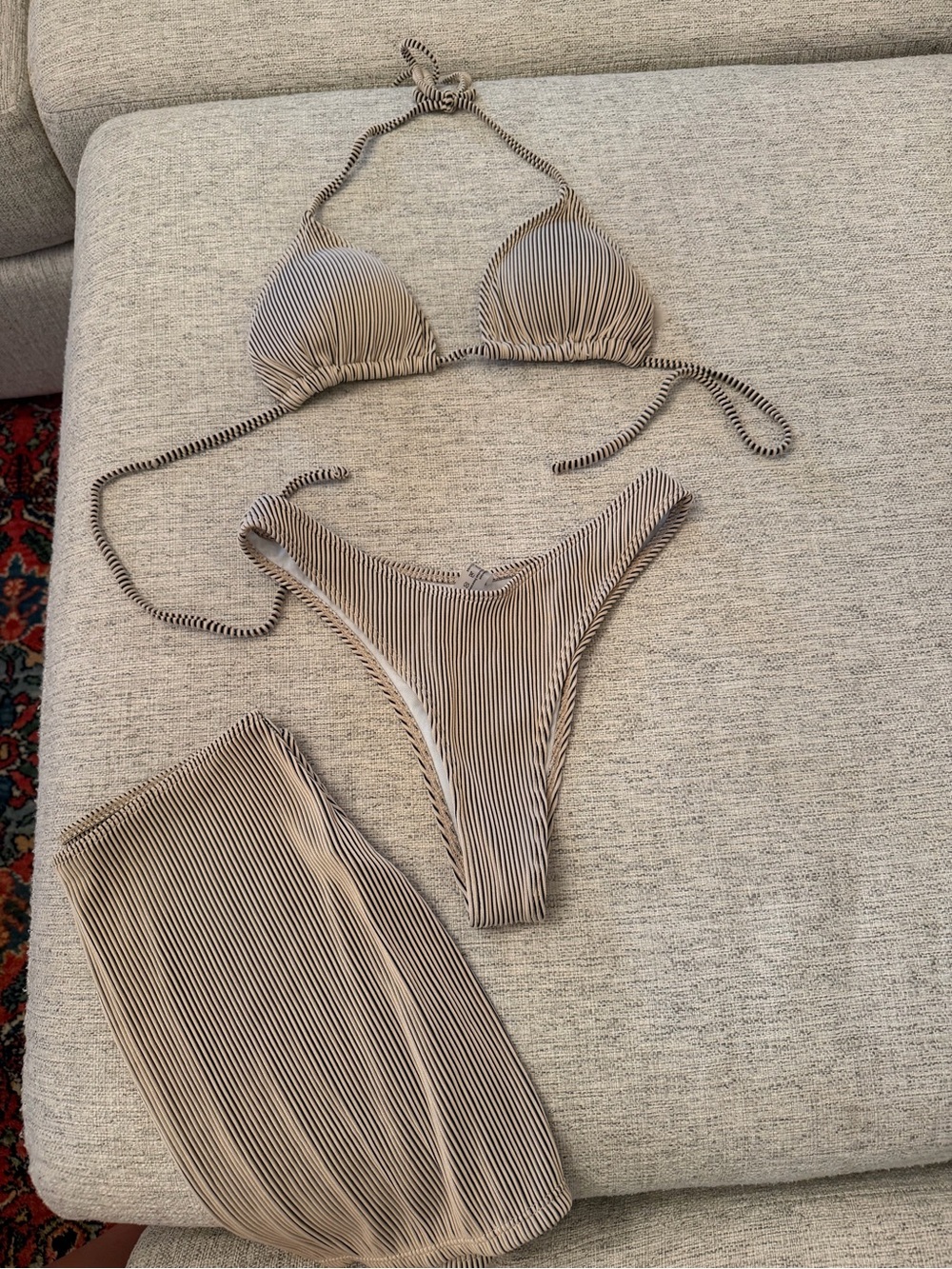 Striped Taupe Bikini Set with Cover-Up